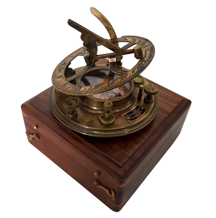 Antique Nautical Big Brass Sundial Compass Gilbert & Sons Retro Wooden Collectible Box