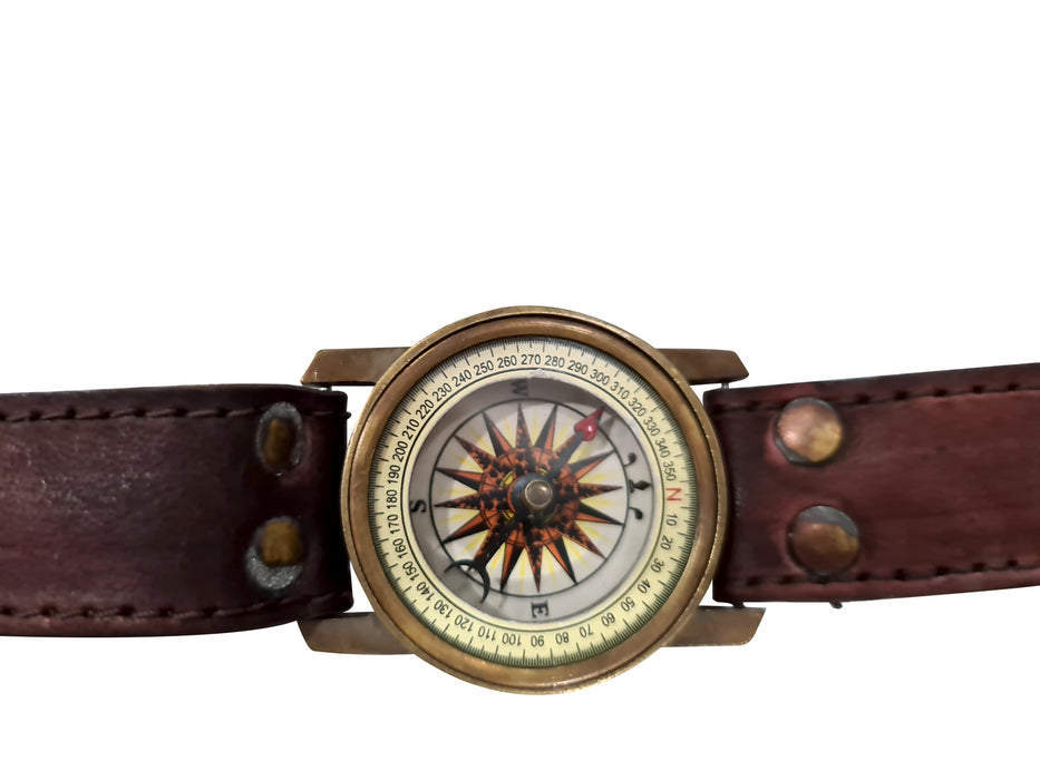 Vintage Style Wearable Marine Steampunk Wrist Watch Sundial Compass with Leather Strap Band Timepiece Unisex