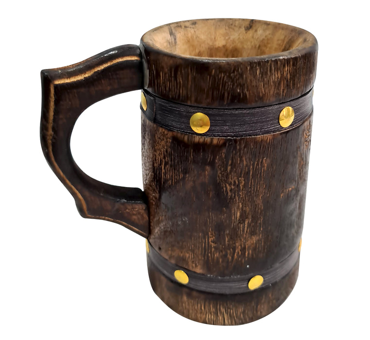Handcrafted Tankard Mug For Beer, Coffee Food Safe Beverage Ancient Style Rustic Wooden Handmade Leather Barreled