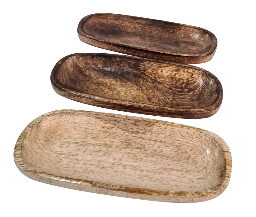 Handmade Wooden Serving Platter Trays Rectangular Rustic Solid Wood Grain Pattern Brown dinnerware Set of 3