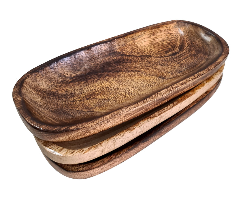 Handmade Wooden Serving Platter Trays Rectangular Rustic Solid Wood Grain Pattern Brown dinnerware Set of 3