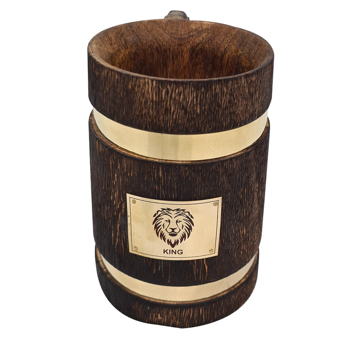 Antique Lion King Logo Brass Barreled Rustic Wooden Beer Mug Handmade Wood Beer Tankard Groomsmen Gift