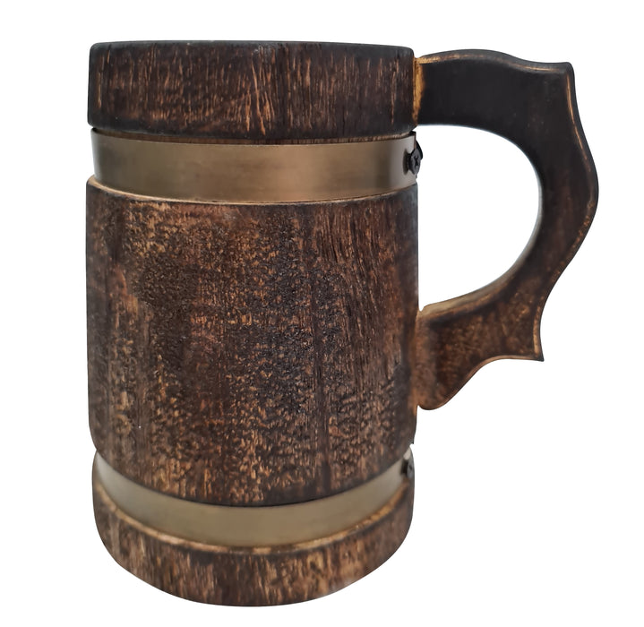 Antique Retro Rustic Brown Handmade Wood Beer Mug 400 ML Medieval Inspired Souvenir Metal Strap Tankard Hot Cold Beverages