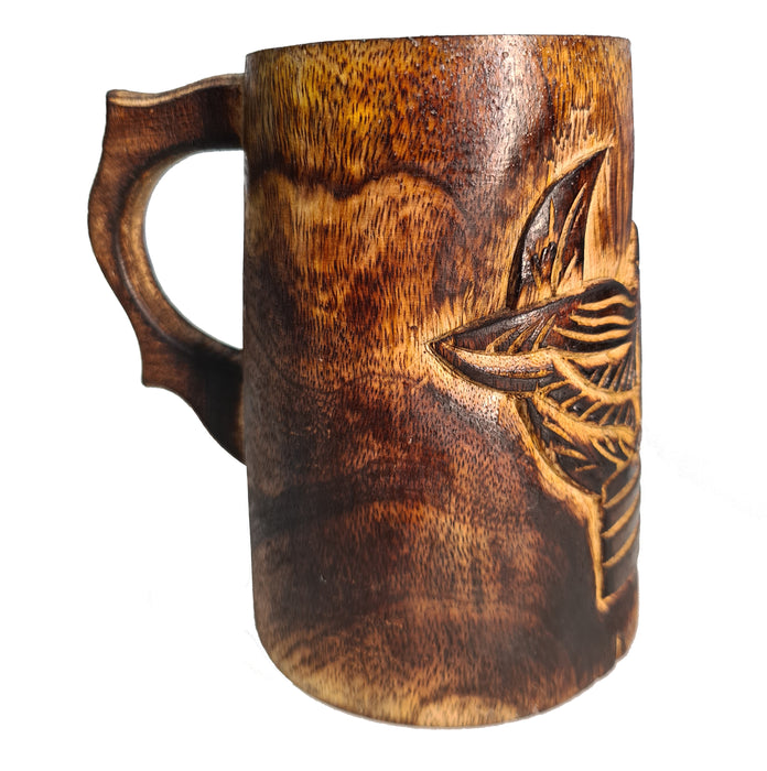Authentic Retro Rustic Brown Hand Carved Eagle Design Embossed Large Wooden Beer Tankard Mug Food Safe