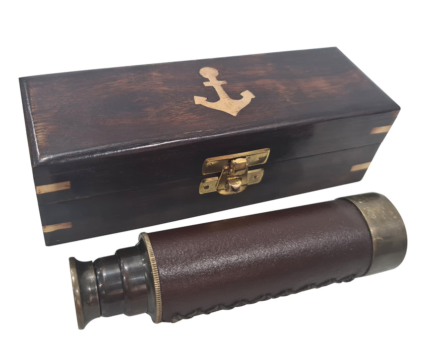 Hand Stitched Leather Carved Collapsible Antique Handheld Brass Telescope Pirate Spyglass W/Hardwood Anchor Box