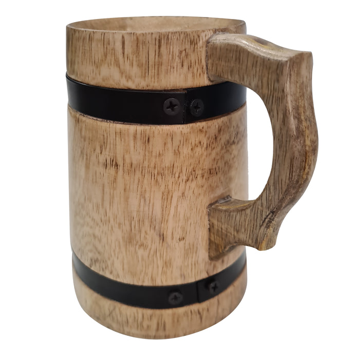 Handmade Authentic Wooden Beer Mug Metal Strap Barrel Eco- Friendly Food Safe Drinkware Coffee, Out-Drinks Tankard Mug Made Solid Mango Wood