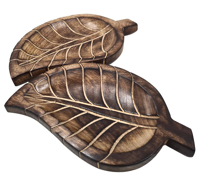 Set of 2 Decorative Handmade Wooden Tray Leaf Design Kitchen Platter Serving Tray Set Home Kitchen Décor Salads and Desserts Serving Small Tray Pair