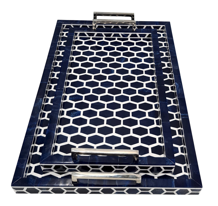 Handmade Moorish Moroccan Inspired Rectangular Quaterfoil Design Blue Bone Inlay Serving Tray Set Of 2