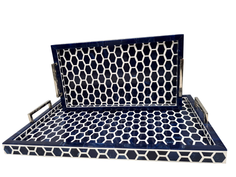 Handmade Moorish Moroccan Inspired Rectangular Quaterfoil Design Blue Bone Inlay Serving Tray Set Of 2