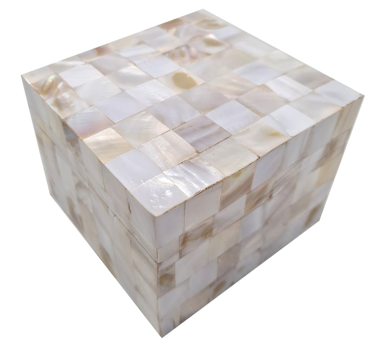 Handmade Natural Mother Of Pearl Inlay Square Geometric Design Decorative Jewelry & Storage Box.