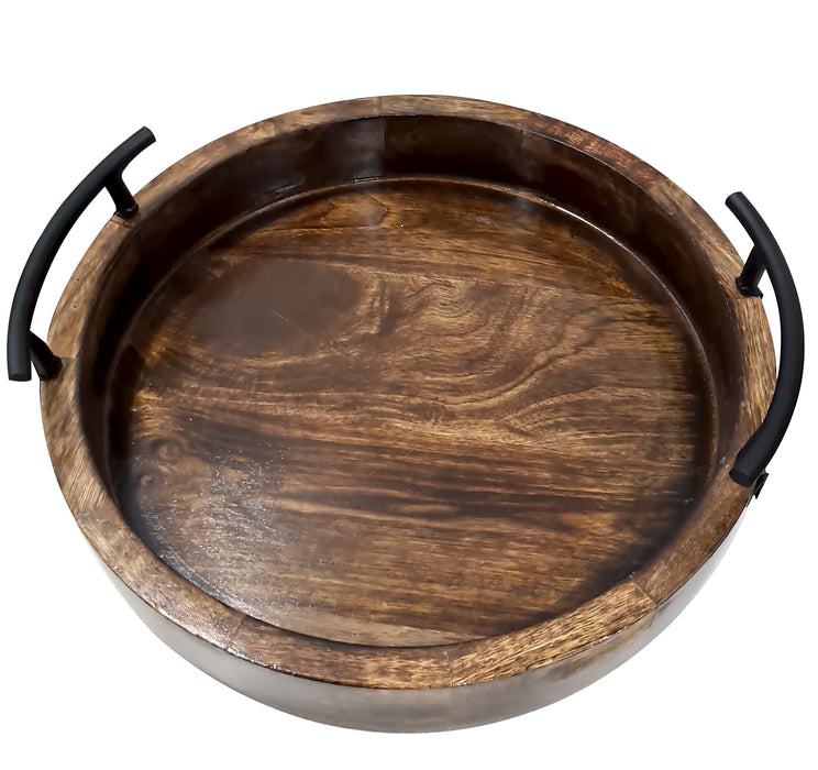 Handmade Unique Round Shape Wooden Serving Tray with Metal Handle Deep Rustic Design Tray Set of 2