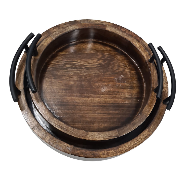 Handmade Unique Round Shape Wooden Serving Tray with Metal Handle Deep Rustic Design Tray Set of 2