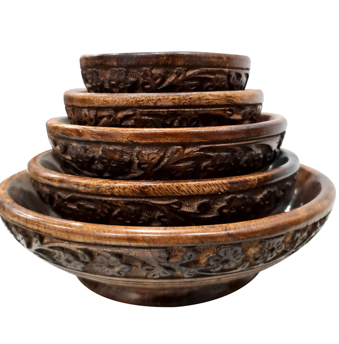Set of 5 Antique Brown Hand Carved Rustic Wooden Serving Bowl Set Handmade Dining Food Serving Bowls Brunch, Dinner Serveware Home Kitchen Décor