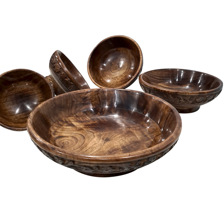 Set of 5 Antique Brown Hand Carved Rustic Wooden Serving Bowl Set Handmade Dining Food Serving Bowls Brunch, Dinner Serveware Home Kitchen Décor