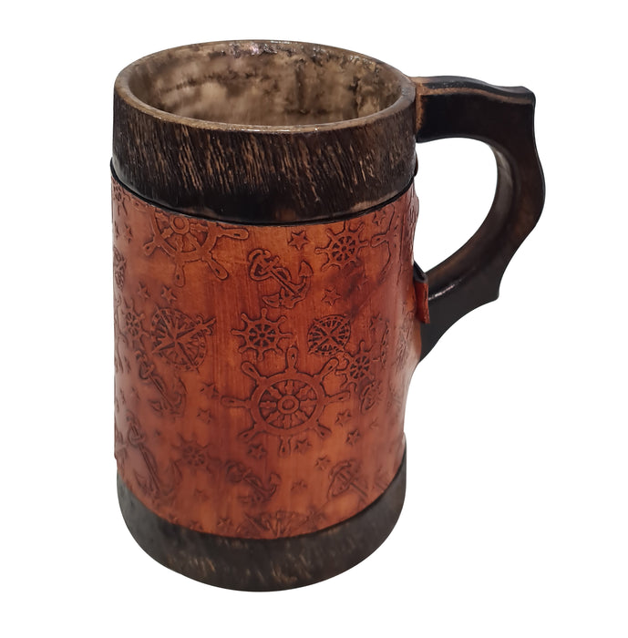 Ancient Wooden Leather Wrapped Hand Carved Beer Tankard Bar Drinkware Anchor Wheel Inlay Wood Mug