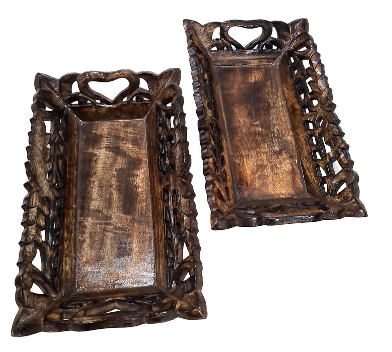 Set of 2 Handcrafted Rustic Style Wooden Serving Tray Table Display Centerpiece Hand Carved Design Platter Brunch, Dinner ServeWare Kitchen Dining Décoration