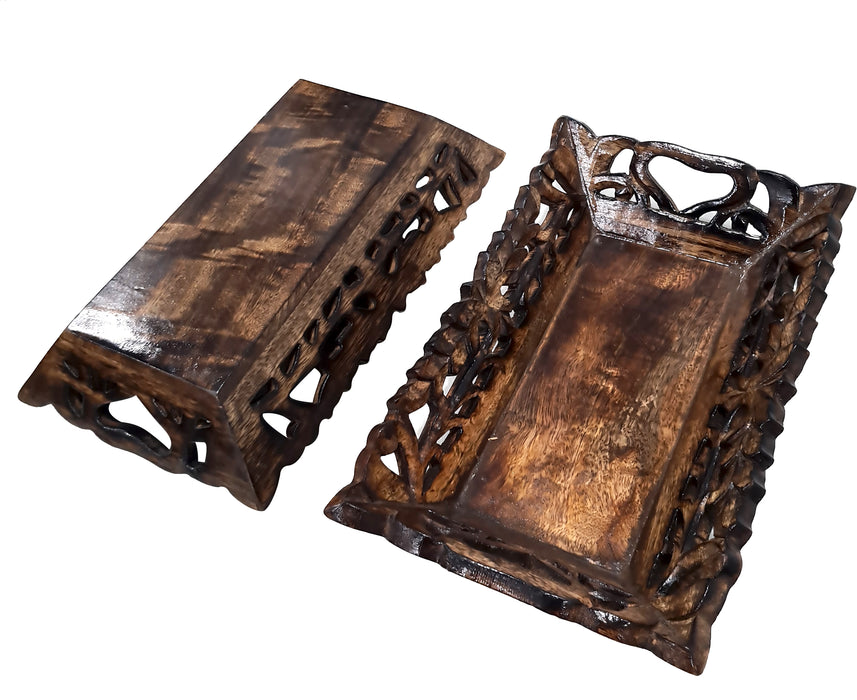 Set of 2 Handcrafted Rustic Style Wooden Serving Tray Table Display Centerpiece Hand Carved Design Platter Brunch, Dinner ServeWare Kitchen Dining Décoration
