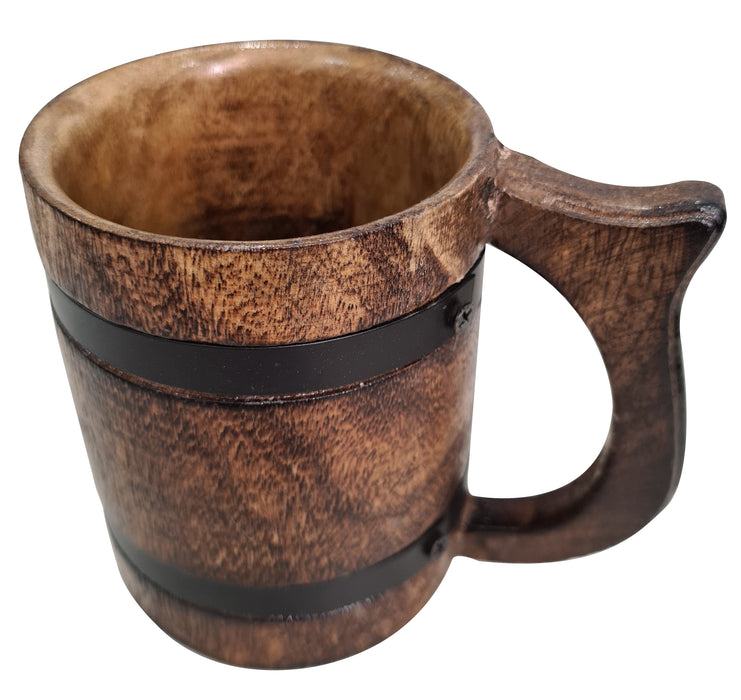 Handcrafted Souvenir Drinking Wood Coffee Tea Mug Metal Strap Antique Brown Wooden Beer Tankard