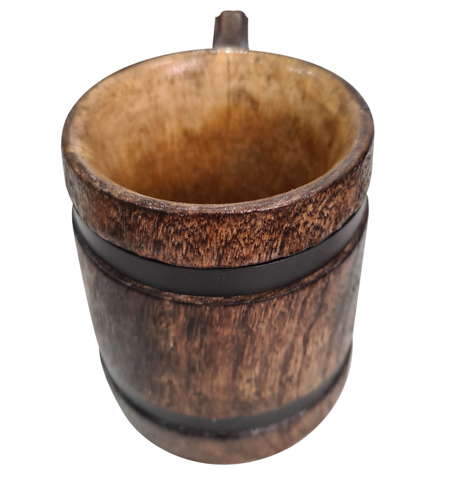Handcrafted Souvenir Drinking Wood Coffee Tea Mug Metal Strap Antique Brown Wooden Beer Tankard