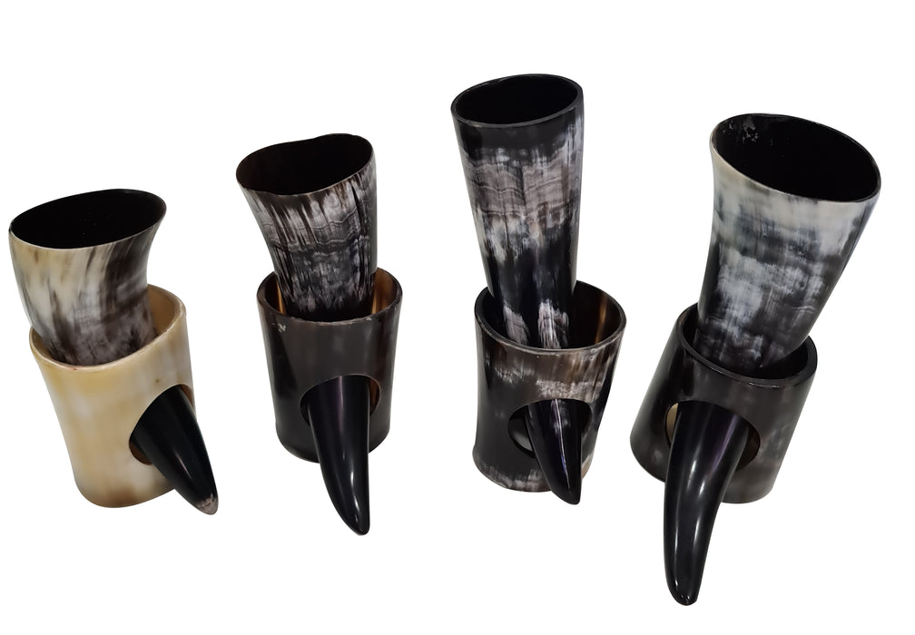 Natural Viking Drinking Horn With Stand Medieval Inspired Ancient Beer Ale Tankard Drinking Vessels Set of 4