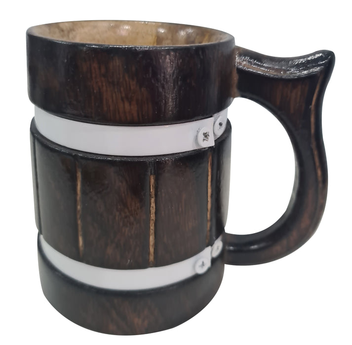 Antique Brown Rustic Wooden Coffee Mug Tankard Handmade Wood Stein Groomsmen Gift White Metal Strap