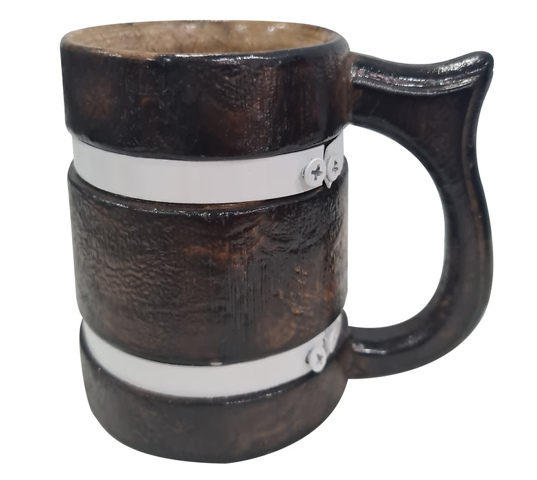Antique Dark Brown Rustic Wooden Coffee Mug Vintage Beverage Stein White Metal Strap Eco Friendly Tankard