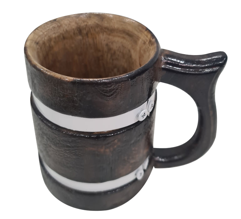 Antique Dark Brown Rustic Wooden Coffee Mug Vintage Beverage Stein White Metal Strap Eco Friendly Tankard