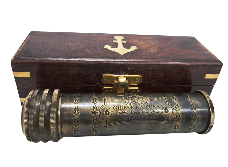 Handmade Antique Solid Finish Brass Kaleidoscope Gilbert & Sons Engraved W/Anchor Hardwood Box Nautical Gift