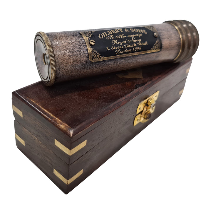 Handmade Maritime Gilbert & Sons Brass Kaleidoscope Vintage Leather Stitched Antique Finish with Anchor Wooden Box