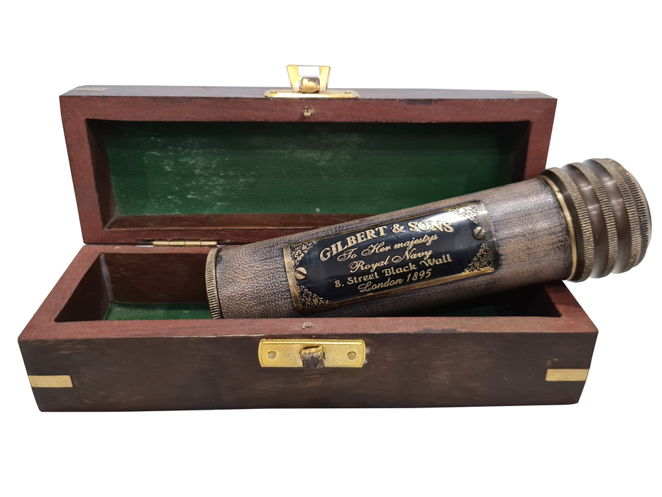 Handmade Maritime Gilbert & Sons Brass Kaleidoscope Vintage Leather Stitched Antique Finish with Anchor Wooden Box