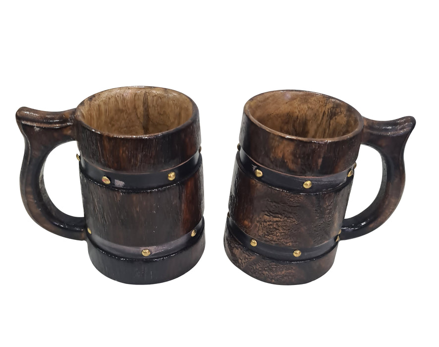 Set of 2 Antique Rustic Brown Wooden Mug Leather Strapped Drinkware Tea Coffee Tankard Food Safe Stein