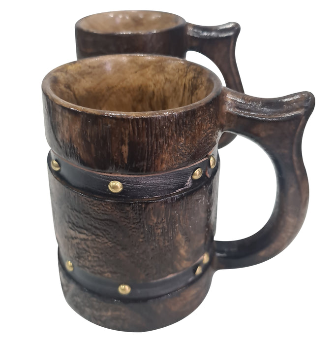 Set of 2 Antique Rustic Brown Wooden Mug Leather Strapped Drinkware Tea Coffee Tankard Food Safe Stein