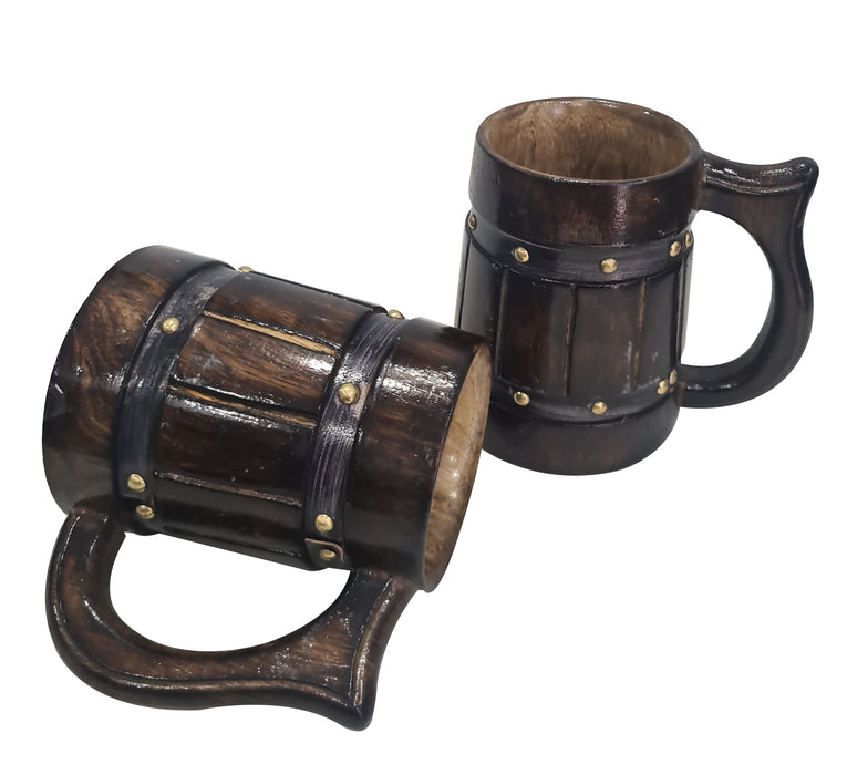 Handcrafted Antique Brown Wooden Coffee Mug Food Safe Environmentally Friendly Drinking Stein Set of 2