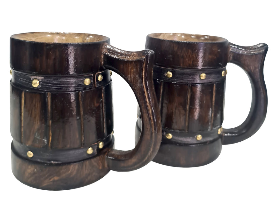 Handcrafted Antique Brown Wooden Coffee Mug Food Safe Environmentally Friendly Drinking Stein Set of 2