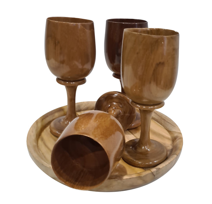 Round Wood Shot Glass Chalice Tray Rustic Wooden Goblet Cup Wooden Serving Tray Vintage Handmade Wooden Wine Glasses Set of 4