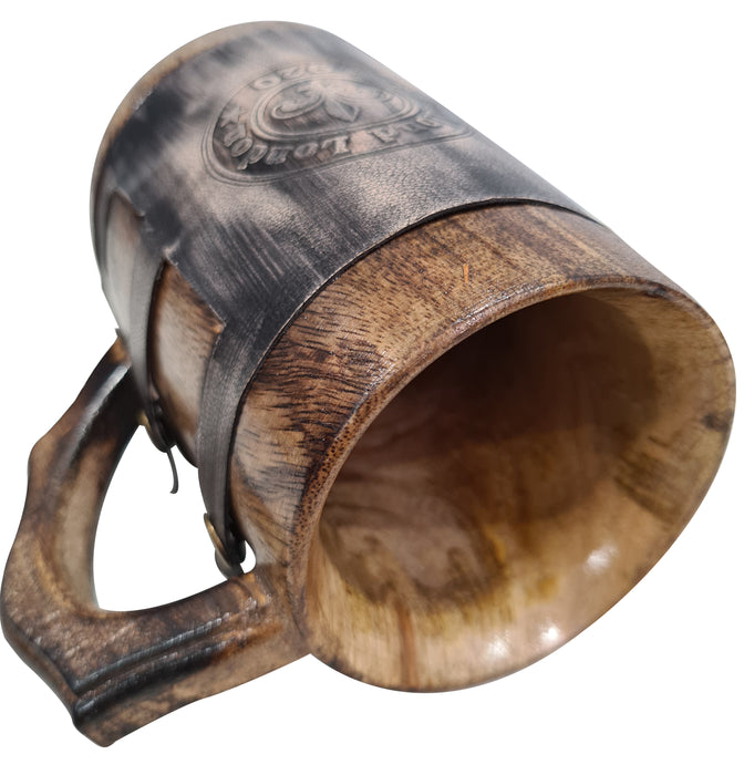 Rustic Wooden Stein Beer Mug Detachable Case Mug Vintage Wooden Beer Mug Hand Carved Leather Wrapped