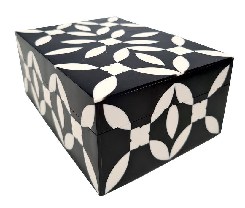 Handmade Natural Bone Inlay Decorative Jewelry & Storage Box Floral Design - Black & White .