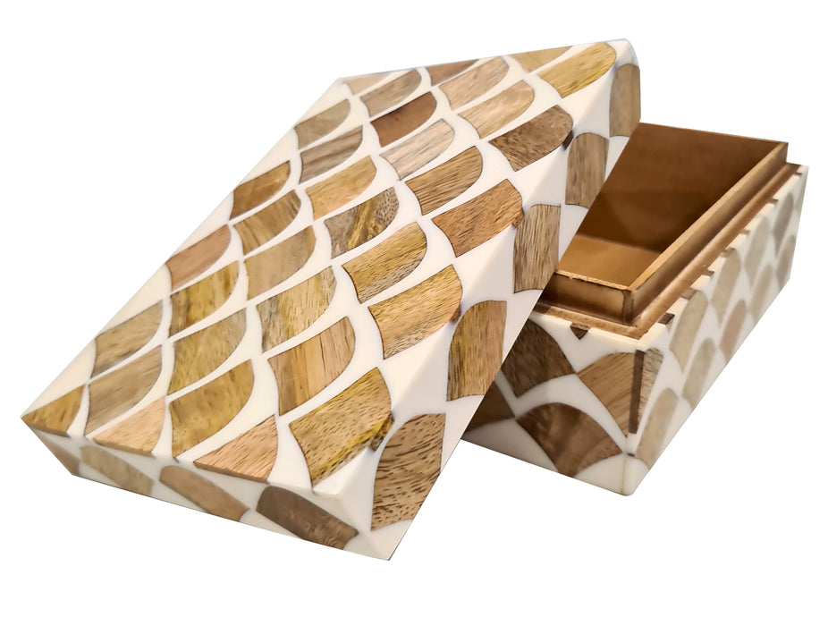 Handmade Natural Wooden Multi Utility Inlay Decorative Jewelry & Storage Box-White & Brown