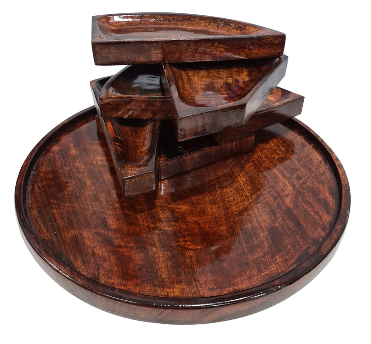 Antique Handmade unique Shape Wooden Serving Platter Premium Trays Grain Pattern Dark Brown,Set of 7