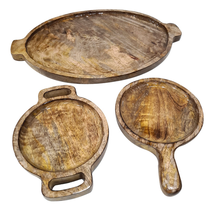 Handmade Round Wooden Serving Platter Trays Integrated Handle Wood Grain Pattern, Set of 3 Brown Dinnerware