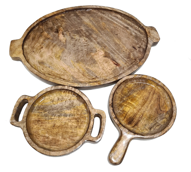 Handmade Round Wooden Serving Platter Trays Integrated Handle Wood Grain Pattern, Set of 3 Brown Dinnerware