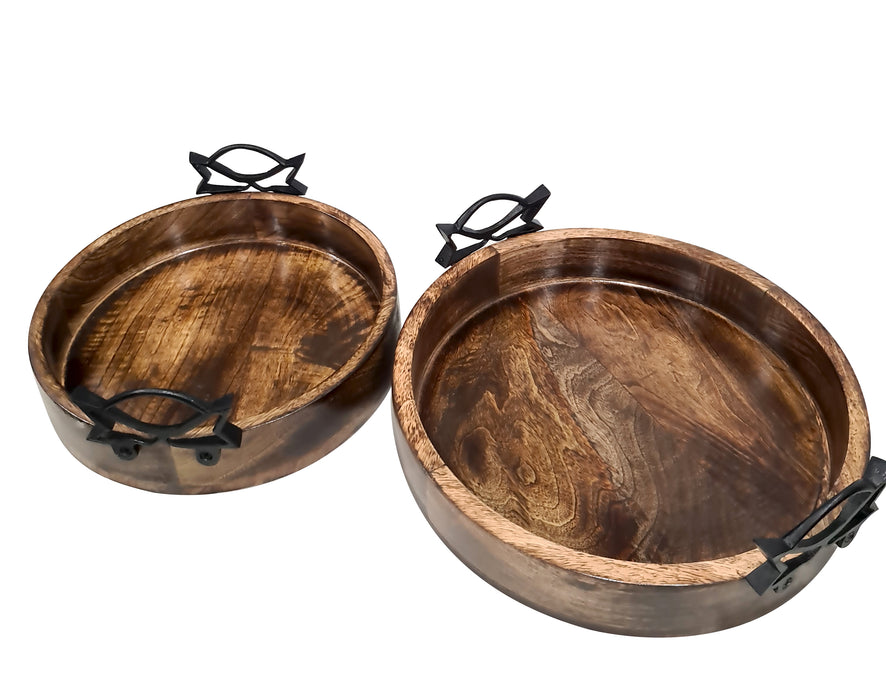 Decorative Handmade Natural Wooden Rounded Tray W/Black Metal Handle Kitchen Dining Room Home Decor Multipurpose Tray