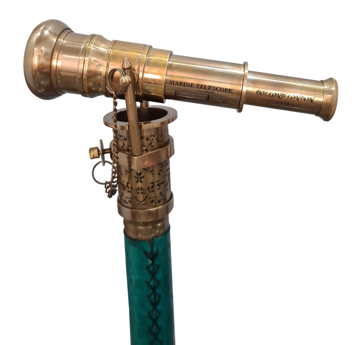Beautiful Nautical Antique Green Wooden Walking Stick Cane Vintage Handle Victorian Head Foldable Telescope