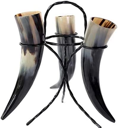 Set of 3 Viking Drinking Horn Beer Mug Wine/Mead Stein Metal Stand Authentic Medieval Inspired