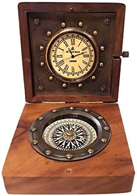 Vintage Antique Nautical Ship Compass Wooden Box Compass & Watch