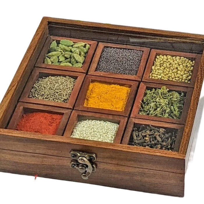 Handicraft Brown Designer Wooden Spice Box Kitchen & Dining Great 9 Spices storage Boxes 8 x 8 x 2.5 " inch