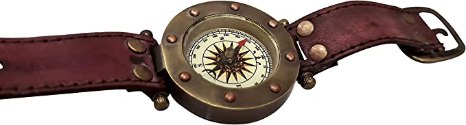 Compass with Leather Band Antique Style Wearable Sun Watch Unisex Nautical Steampunk Sundial Wrist Watch