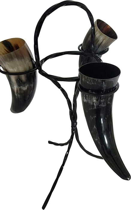 Set of 3 Viking Drinking Horn Beer Mug Wine/Mead Stein Metal Stand Authentic Medieval Inspired