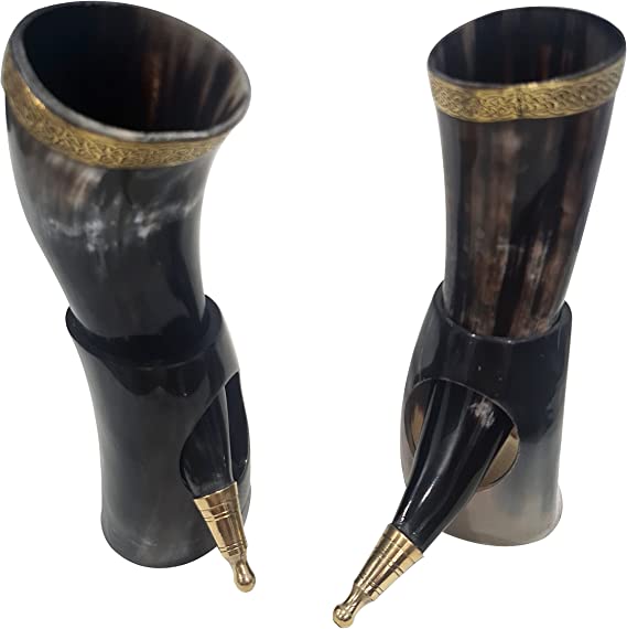 Handmade Viking Drinking Real Ox-Horn With Horn Stand & Brass Wolf Adornments SET OF 2