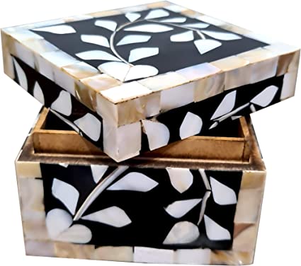 Decorative Storage Organizer Keepsake Jewelry Box Home Decor Handmade Contemporary Floral Design Bone Inlaid - Black & White